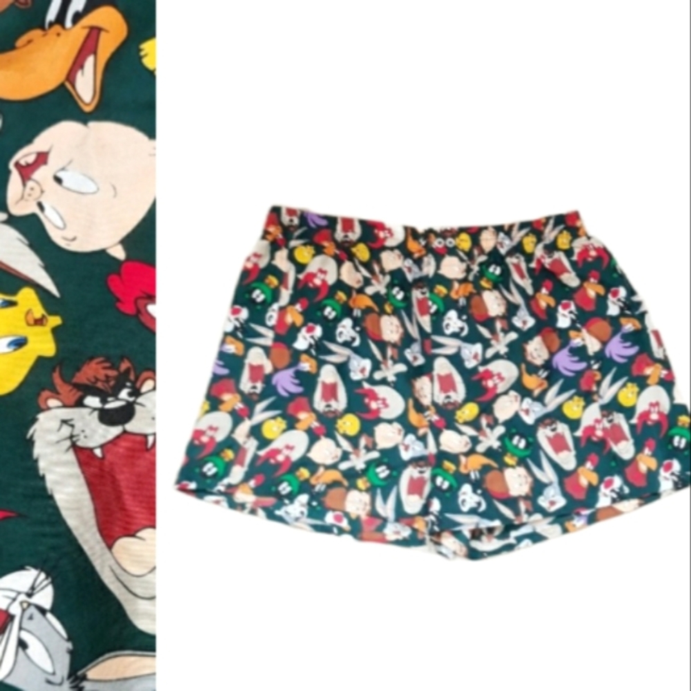 Vintage Looney Tunes Mania Character Boxer Shorts / Sz Large Green Silk Boxers